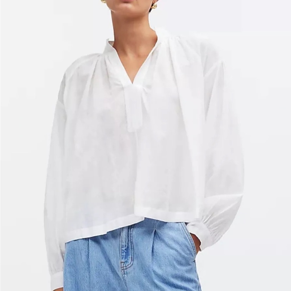 MADEWELL Top Women XS White Shirred Blouse NEW Long Sleeves